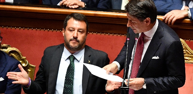 Italian Premier Giuseppe Conte (R) is flanked by Deputy Premier and Interior Minister Matteo Salvini (L) as he addresses to the Senate about the government crisis in Rome, Italy, 20 August 2019. ANSA/ ETTORE FERRARI